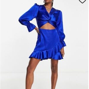 Royal Blue Satin Ruffle Hem Mini Skirt